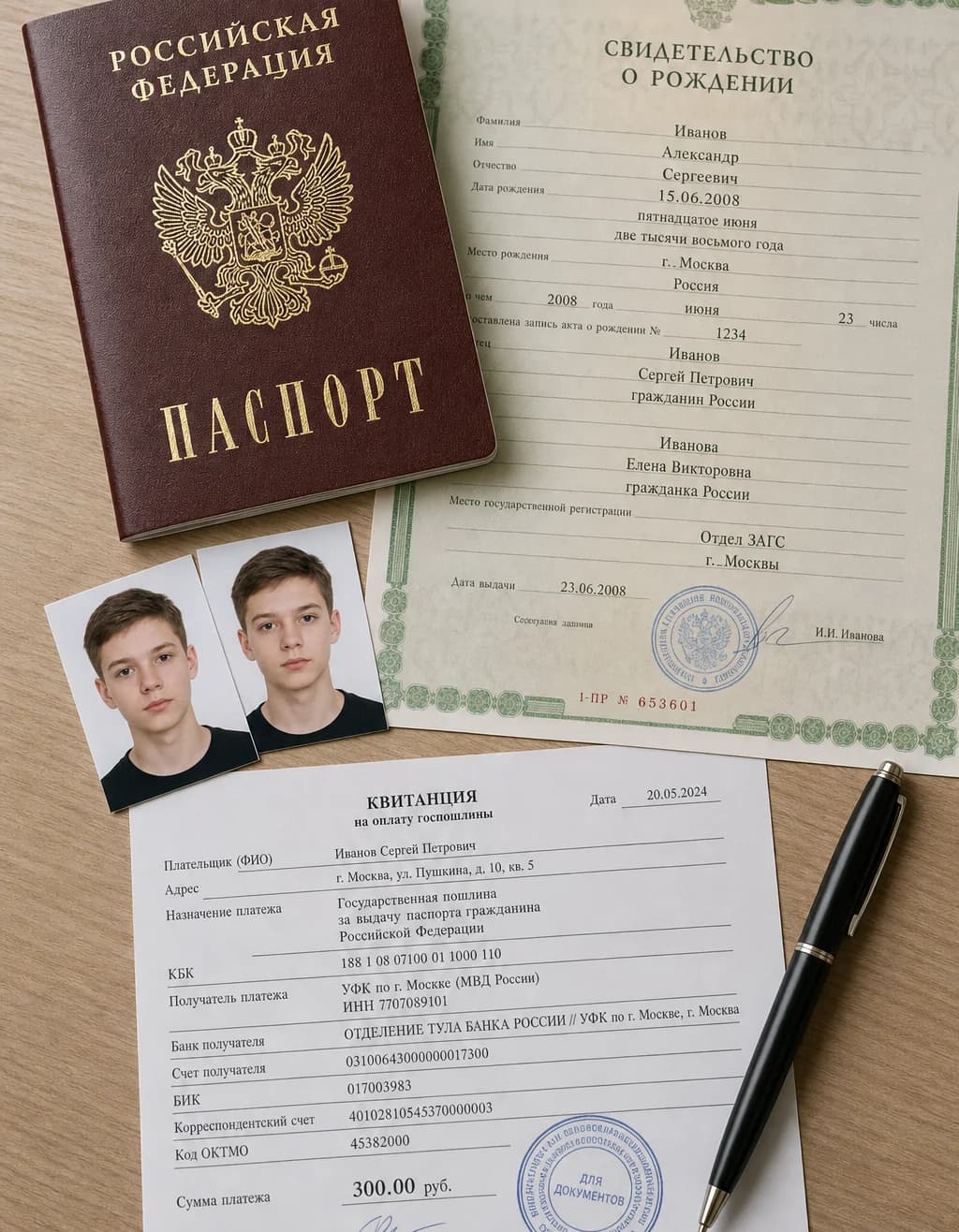 Документы для первого паспорта: свидетельство о рождении, фото 35×45, паспорт РФ и квитанция