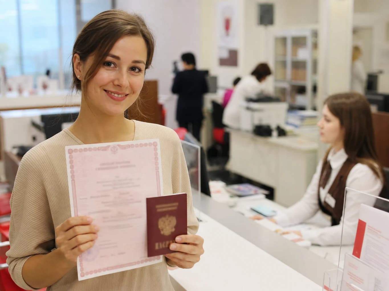Что делать после свадьбы: девушка со свидетельством о браке и новым паспортом меняет документы после смены фамилии