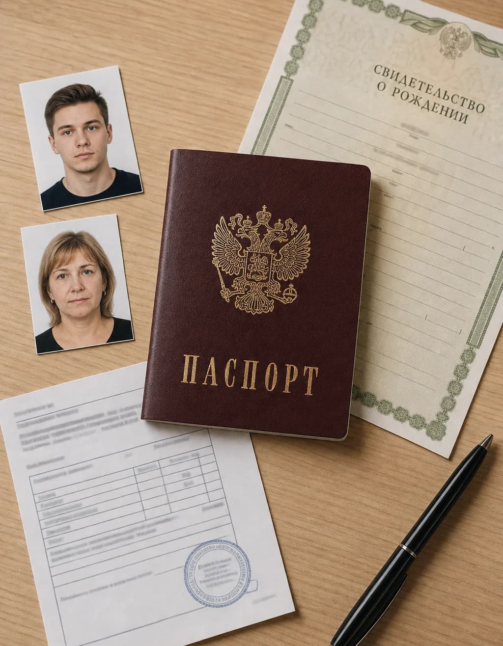 Документы для замены паспорта: старый паспорт РФ, фото 35×45, свидетельство о рождении и квитанция